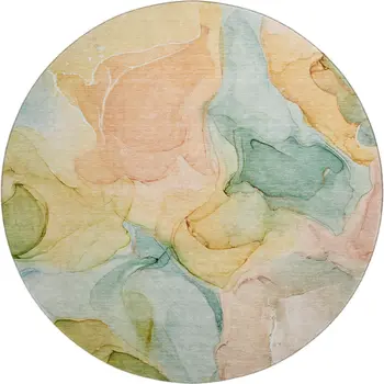 8' Blue Green And Orange Abstract Washable Round Rug With UV Protection