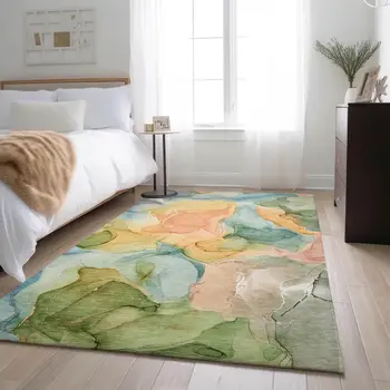 8' X 10' Blue Green And Orange Abstract Washable Area Rug With UV Protection