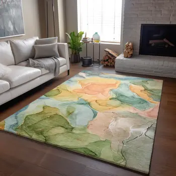 8' X 10' Blue Green And Orange Abstract Washable Area Rug With UV Protection