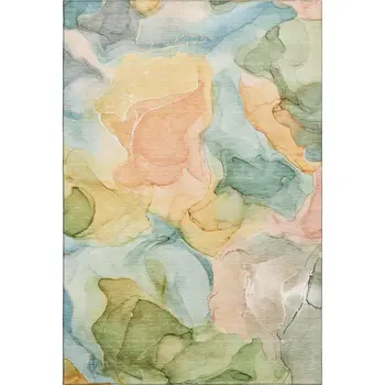 9' X 12' Blue Green And Orange Abstract Washable Area Rug With UV Protection