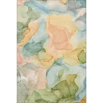 9' X 12' Blue Green And Orange Abstract Washable Area Rug With UV Protection
