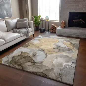 3' X 5' Brown Gray And Ivory Abstract Washable Area Rug With UV Protection