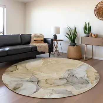 8' Brown Gray And Ivory Abstract Washable Round Rug With UV Protection