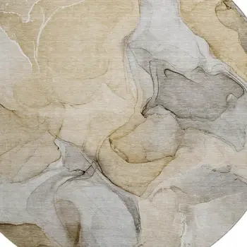8' Brown Gray And Ivory Abstract Washable Round Rug With UV Protection