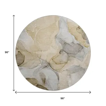 8' Brown Gray And Ivory Abstract Washable Round Rug With UV Protection