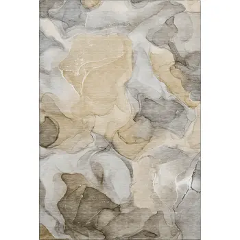 8' X 10' Brown Gray And Ivory Abstract Washable Area Rug With UV Protection