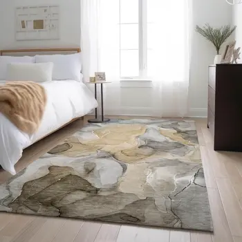 9' X 12' Brown Gray And Ivory Abstract Washable Area Rug With UV Protection