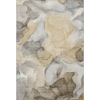 10' X 14' Brown Gray And Ivory Abstract Washable Area Rug With UV Protection