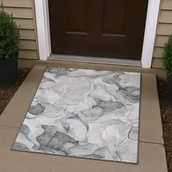 3' X 5' Gray And Ivory Abstract Washable Area Rug With UV Protection