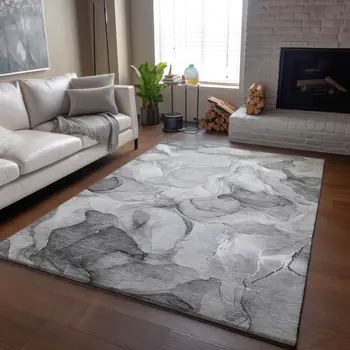 3' X 5' Gray And Ivory Abstract Washable Area Rug With UV Protection