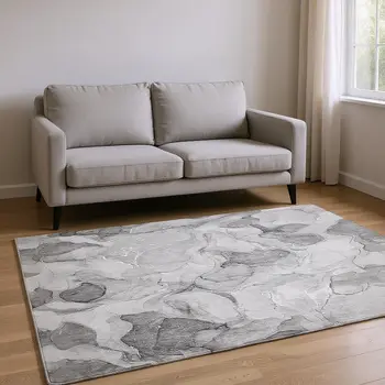 5' X 8' Gray And Ivory Abstract Washable Area Rug With UV Protection