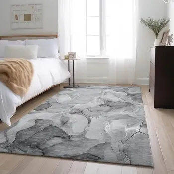 5' X 8' Gray And Ivory Abstract Washable Area Rug With UV Protection