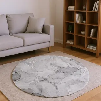8' Gray And Ivory Abstract Washable Round Rug With UV Protection