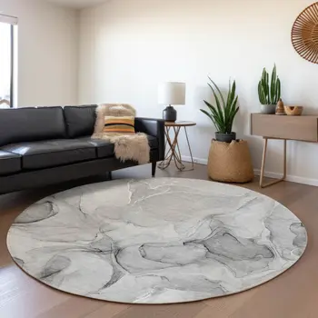 8' Gray And Ivory Abstract Washable Round Rug With UV Protection