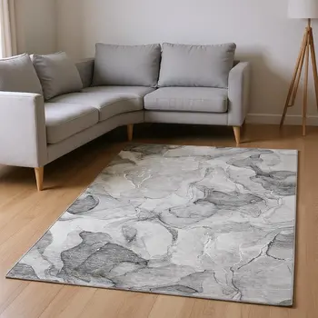 8' X 10' Gray And Ivory Abstract Washable Area Rug With UV Protection