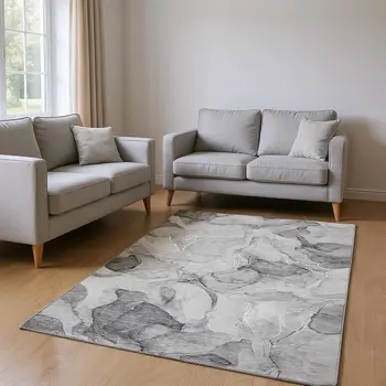 10' X 14' Gray And Ivory Abstract Washable Area Rug With UV Protection