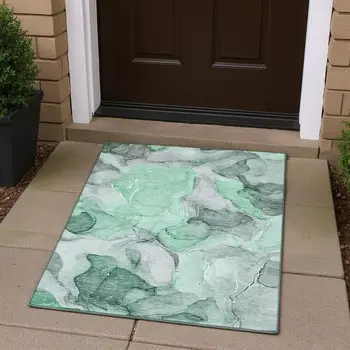 3' X 5' Green Gray And Ivory Abstract Washable Area Rug With UV Protection