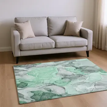 5' X 8' Green Gray And Ivory Abstract Washable Area Rug With UV Protection