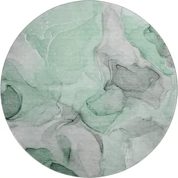 8' Green Gray And Ivory Abstract Washable Round Rug With UV Protection