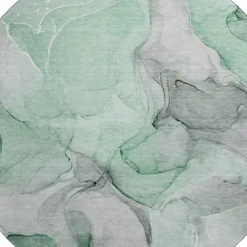 8' Green Gray And Ivory Abstract Washable Round Rug With UV Protection