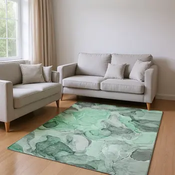 8' X 10' Green Gray And Ivory Abstract Washable Area Rug With UV Protection