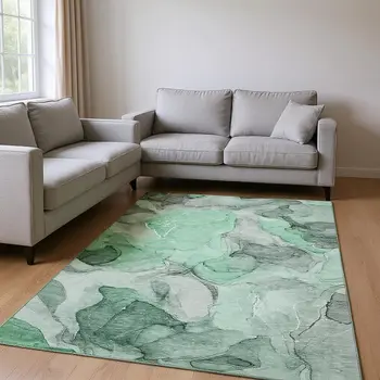9' X 12' Green Gray And Ivory Abstract Washable Area Rug With UV Protection