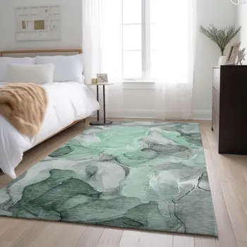 10' X 14' Green Gray And Ivory Abstract Washable Area Rug With UV Protection
