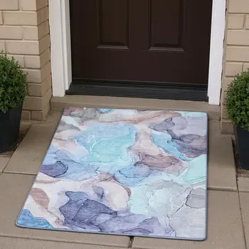 3' X 5' Navy Blue Purple And Gray Abstract Washable Area Rug With UV Protection
