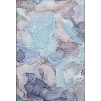 5' X 8' Navy Blue Purple And Gray Abstract Washable Area Rug With UV Protection