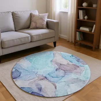 8' Navy Blue Purple And Gray Abstract Washable Round Rug With UV Protection