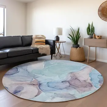 8' Navy Blue Purple And Gray Abstract Washable Round Rug With UV Protection