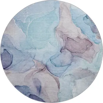 8' Navy Blue Purple And Gray Abstract Washable Round Rug With UV Protection