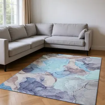 8' X 10' Navy Blue Purple And Gray Abstract Washable Area Rug With UV Protection