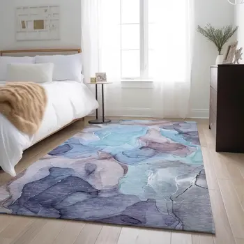 9' X 12' Navy Blue Purple And Gray Abstract Washable Area Rug With UV Protection