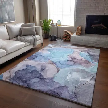 9' X 12' Navy Blue Purple And Gray Abstract Washable Area Rug With UV Protection