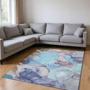 10' X 14' Navy Blue Purple And Gray Abstract Washable Area Rug With UV Protection