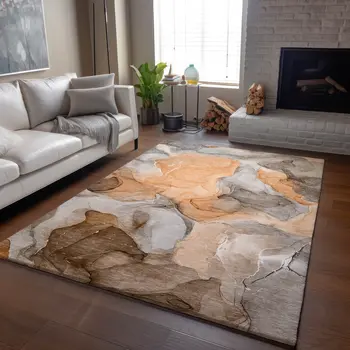 3' X 5' Orange Gray And Ivory Abstract Washable Area Rug With UV Protection