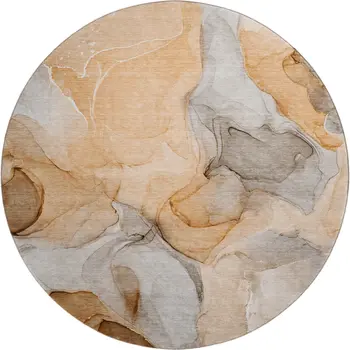 8' Orange Gray And Ivory Abstract Washable Round Rug With UV Protection