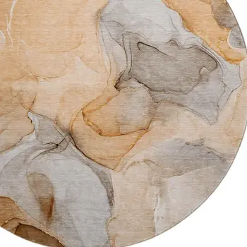 8' Orange Gray And Ivory Abstract Washable Round Rug With UV Protection