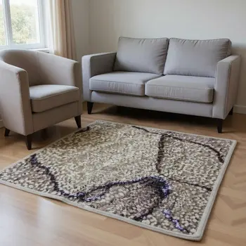 5' X 8' Purple And Gray Abstract Washable Area Rug With UV Protection