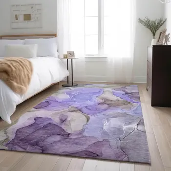 5' X 8' Purple And Gray Abstract Washable Area Rug With UV Protection