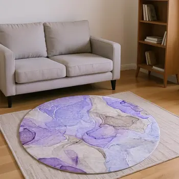 8' Purple And Gray Abstract Washable Round Rug With UV Protection