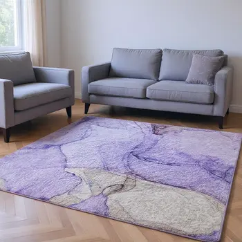 8' X 10' Purple And Gray Abstract Washable Area Rug With UV Protection