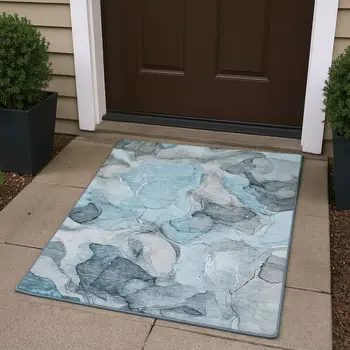 3' X 5' Teal And Gray Abstract Washable Area Rug With UV Protection