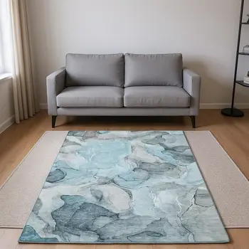 5' X 8' Teal And Gray Abstract Washable Area Rug With UV Protection