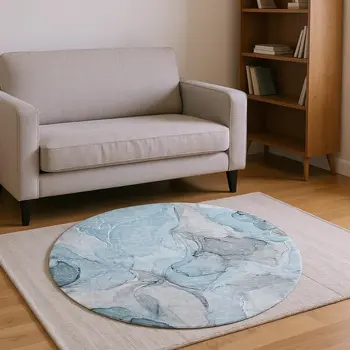8' Teal And Gray Abstract Washable Round Rug With UV Protection