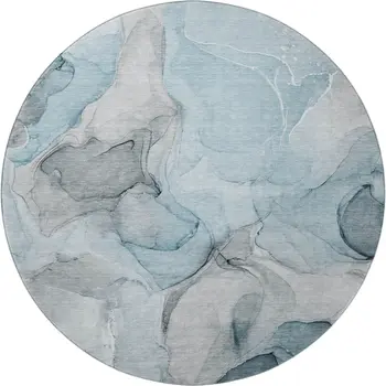 8' Teal And Gray Abstract Washable Round Rug With UV Protection
