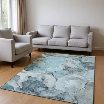8' X 10' Teal And Gray Abstract Washable Area Rug With UV Protection