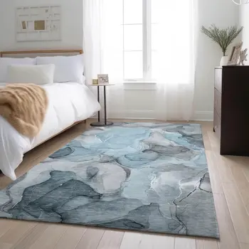 8' X 10' Teal And Gray Abstract Washable Area Rug With UV Protection