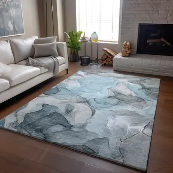 8' X 10' Teal And Gray Abstract Washable Area Rug With UV Protection